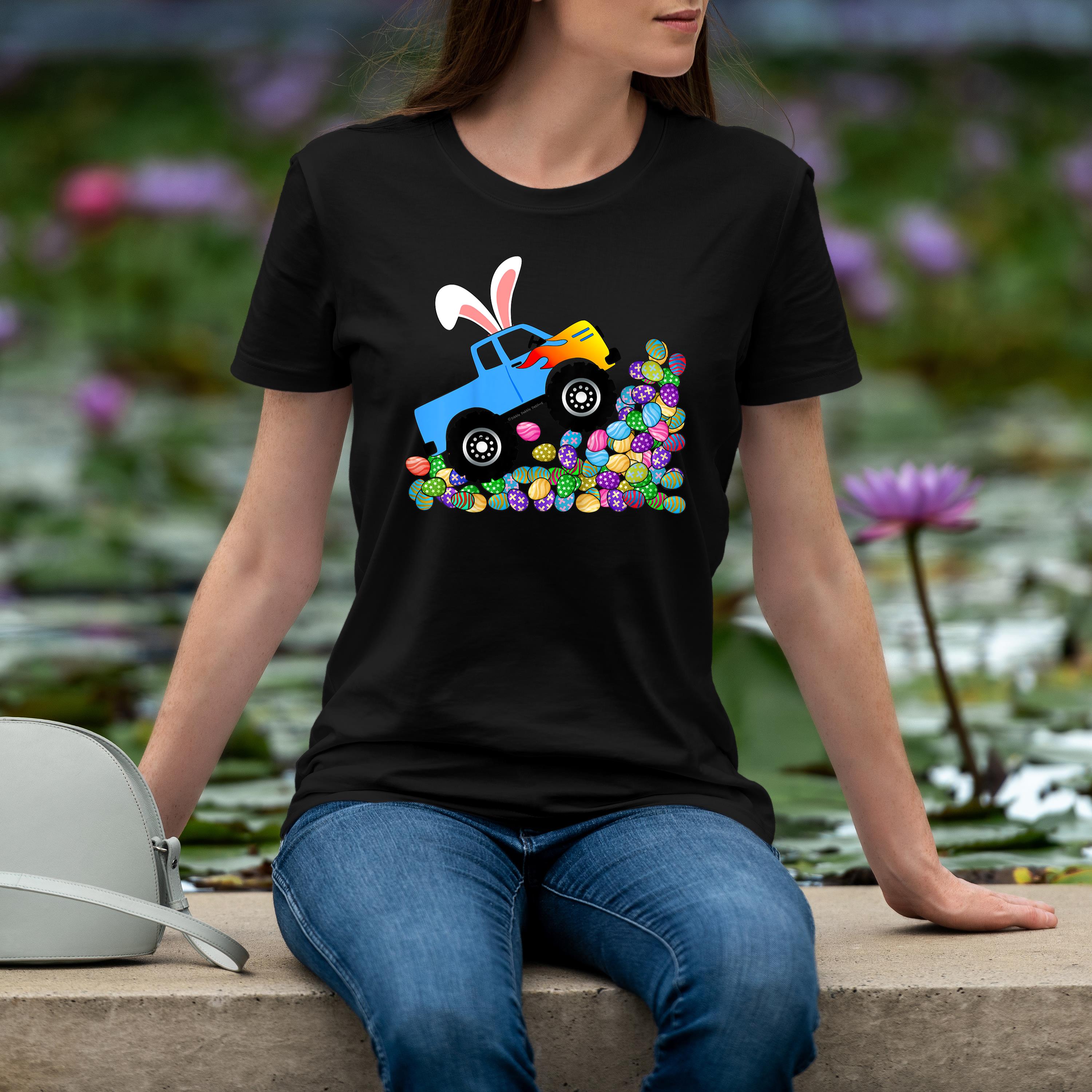 Blue Monster Truck Climbing Easter Eggs Kids Shirt 